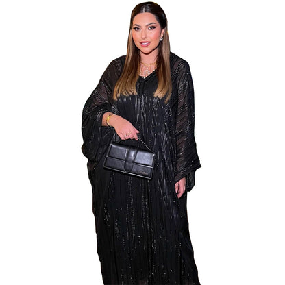 Muslim Abaya Fashion Dress Black Robe Shiny Figured Cloth Robe Two-piece Set