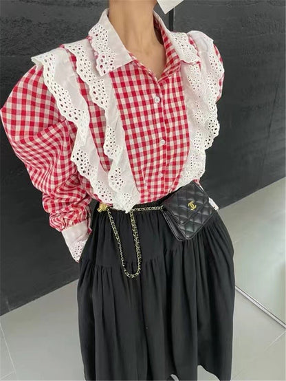 Fashion Design Hollow Lace Long Sleeve Shirt Women