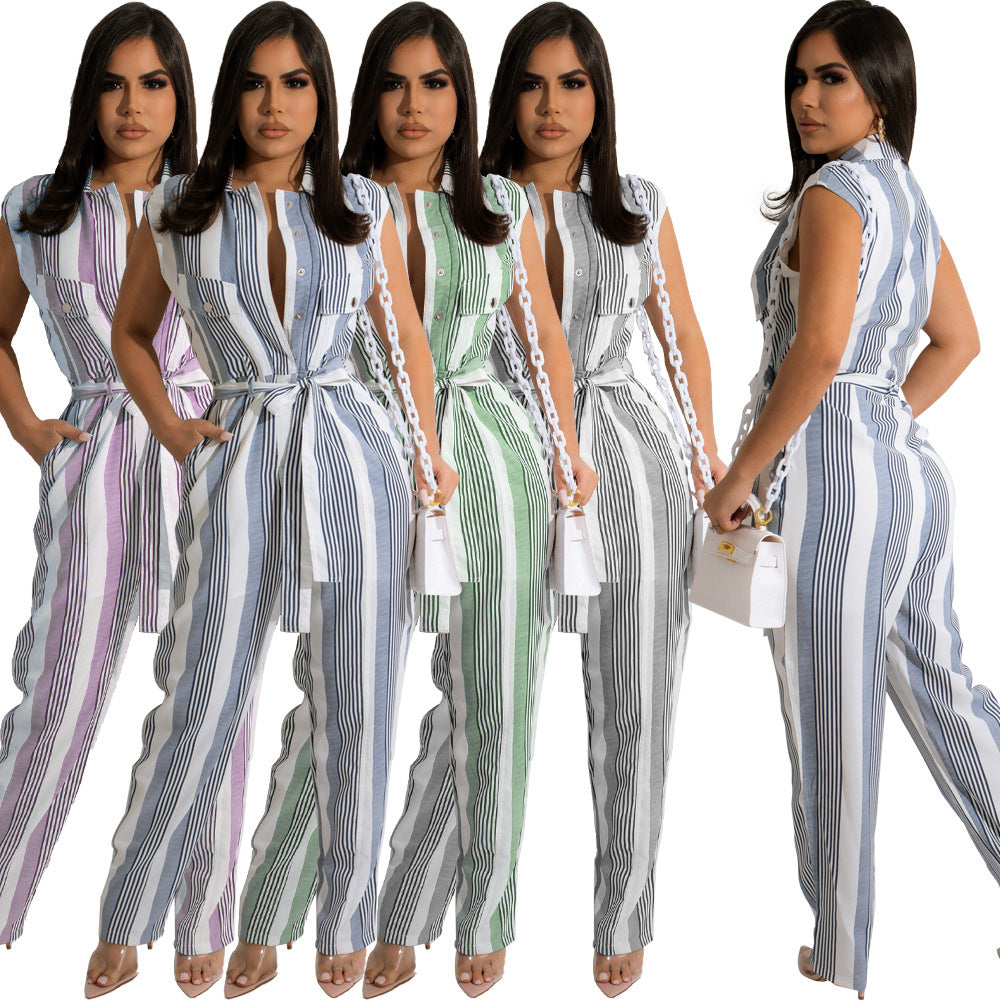 Ladies Fashion Stripe Print Belt Jumpsuit Colorblock