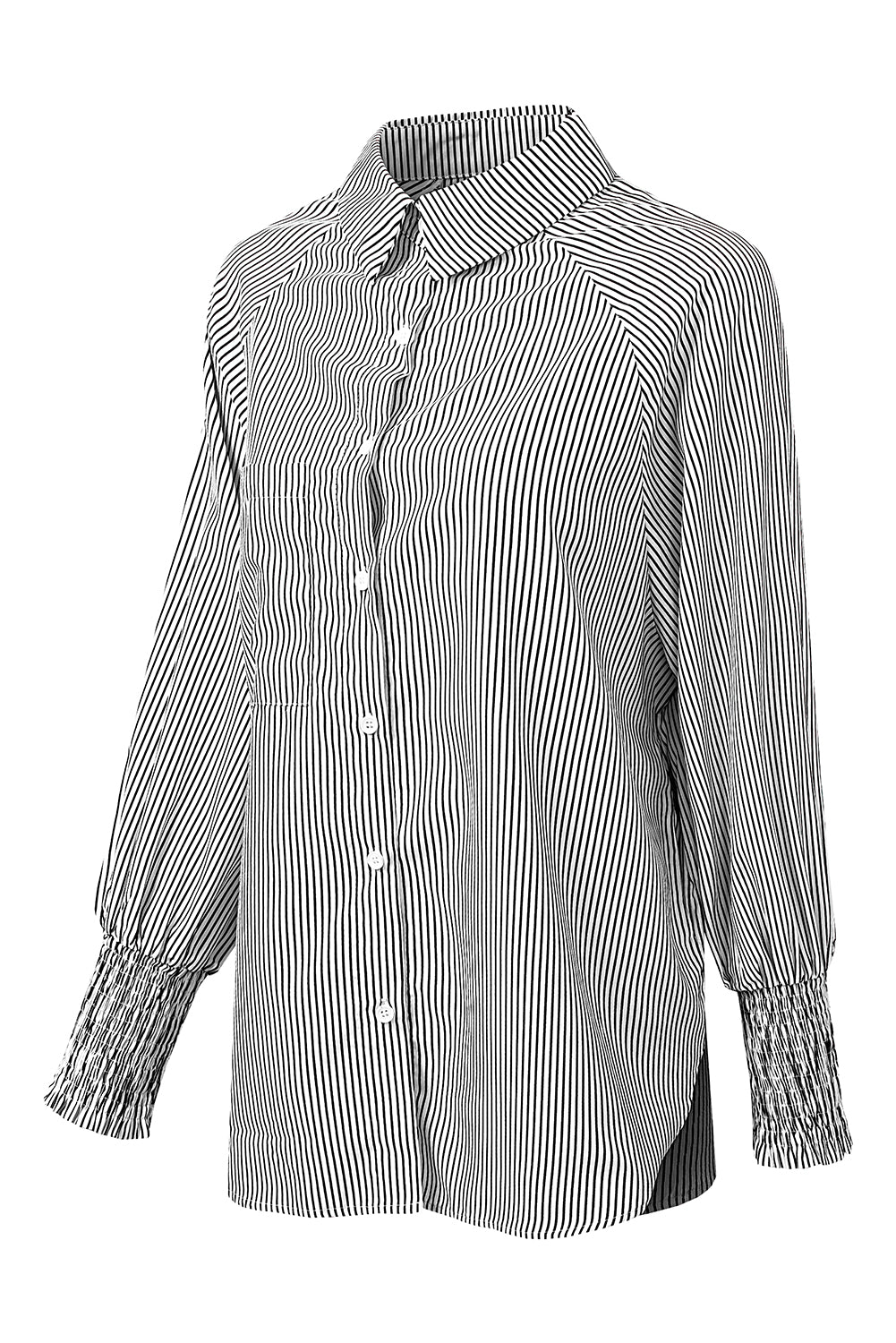 Black Striped Casual Shirred Cuffs Shirt