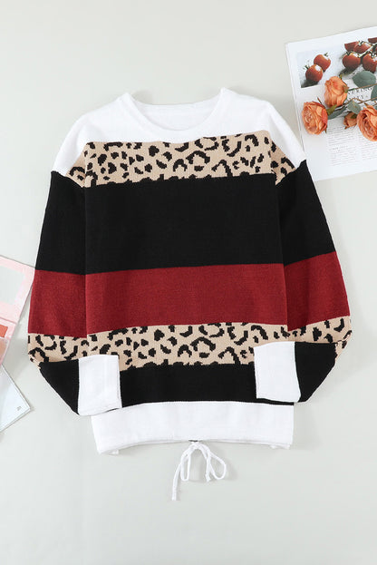 Leopard Print Color Blocking Sweater Women's Long Sleeved Round Neck Pullover Bottoming Shirt