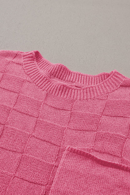 Pull à manches courtes en tricot texturé en treillis rose vif