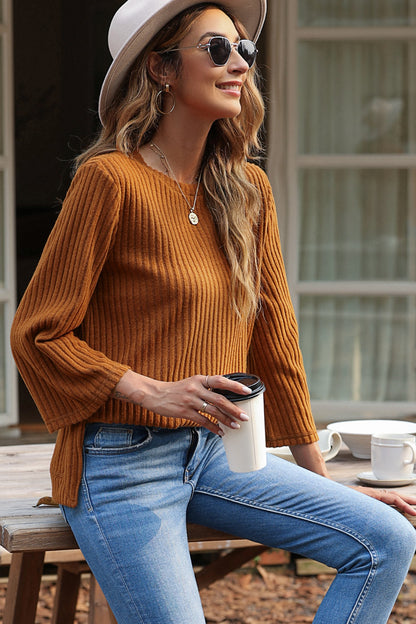 Ribbed Round Neck Slit Top