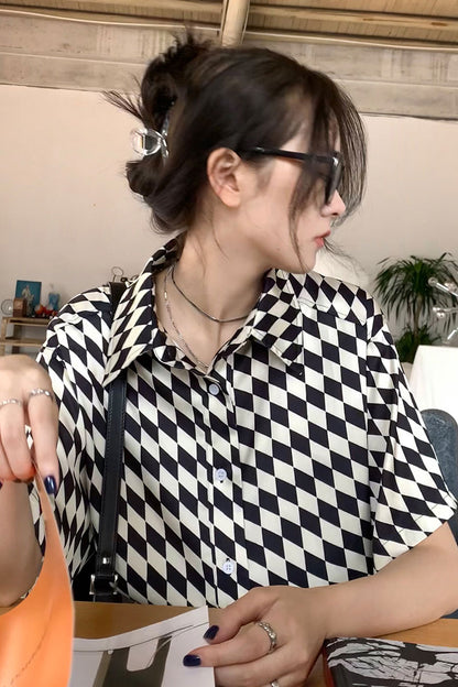 Black And White Checkerboard Shirt Short-sleeved Women's Thin POLO Collar Loose Ins Small Shirt