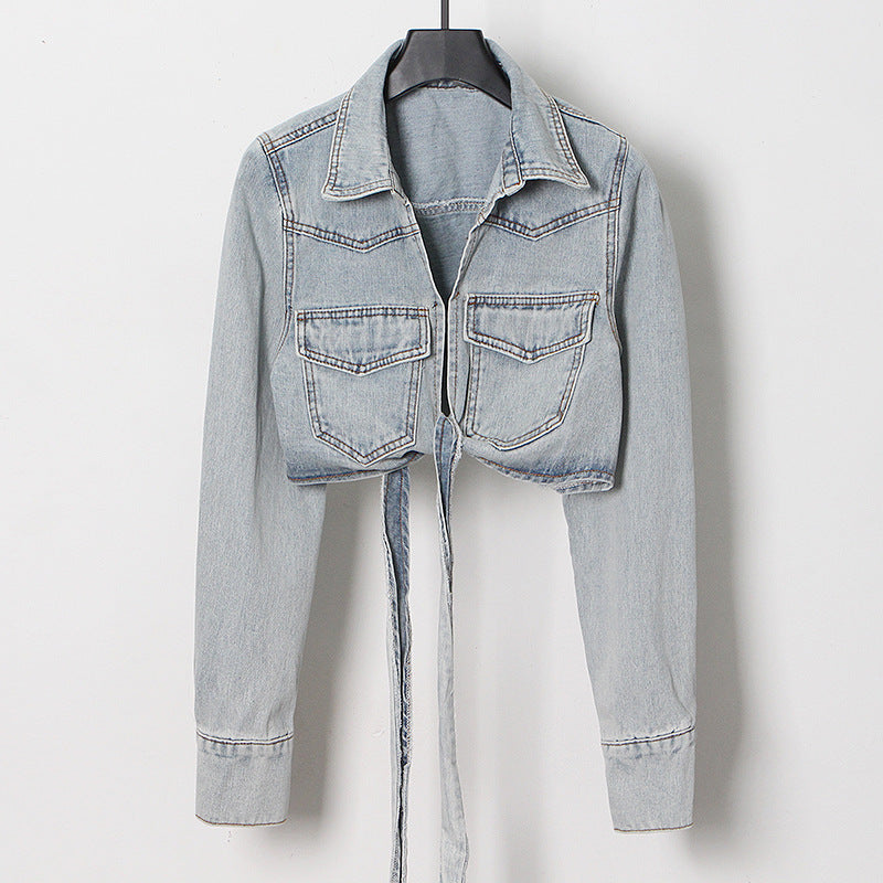 Long Sleeve Lace-Up Cropped Denim Jacket