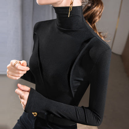 Women's Design Turtleneck Bottoming Shirt Slim Fit Irregular Western Style Inner Wear Stitching Long Sleeve