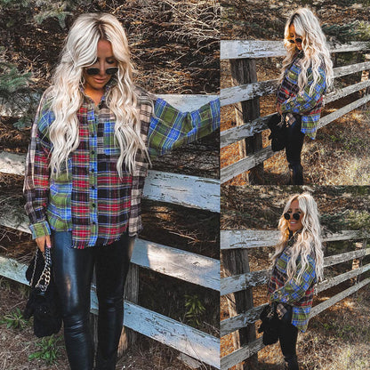 Plaid Contrast Stitching Retro Print Long-Sleeved Shirt