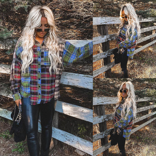 Plaid Contrast Stitching Retro Print Long-Sleeved Shirt