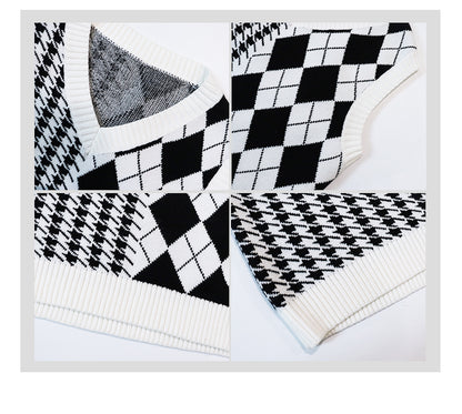 Rhombus Knitted Shirt Layered Over Vest