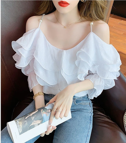 One Word Neck Chiffon Shirt Off Shoulder Ruffle Top Women's