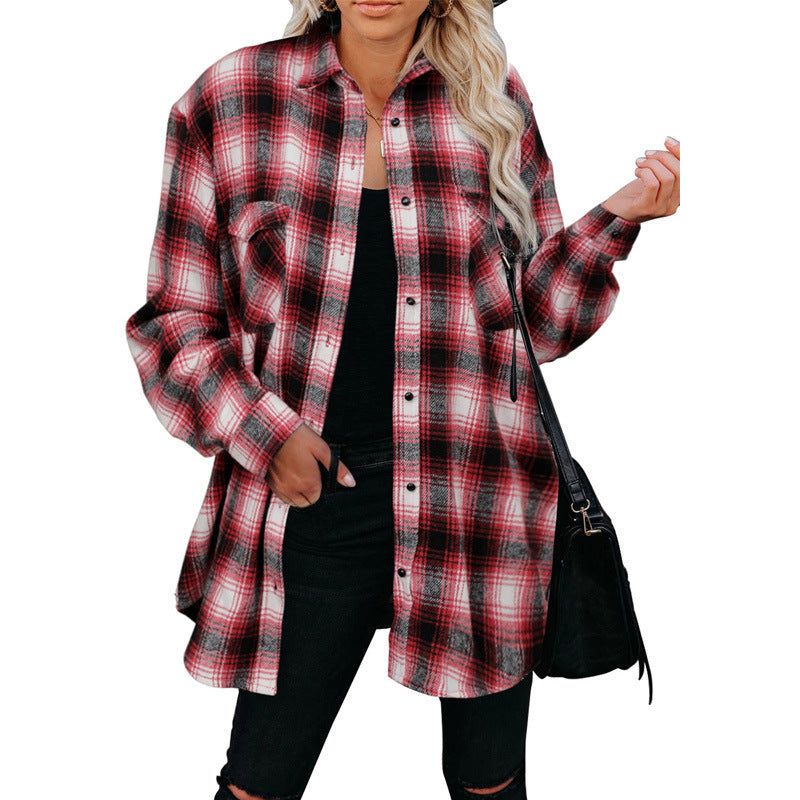 European And American Women's Plaid Mid-length Loose Lapel Cardigan Shirt