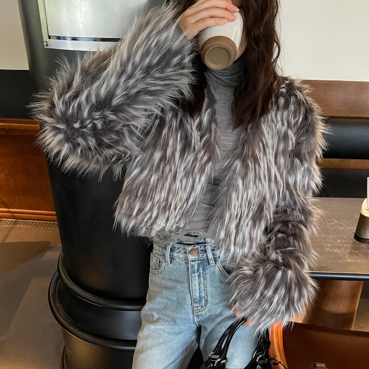 Korean Style Short Leopard Fur Furry Coat