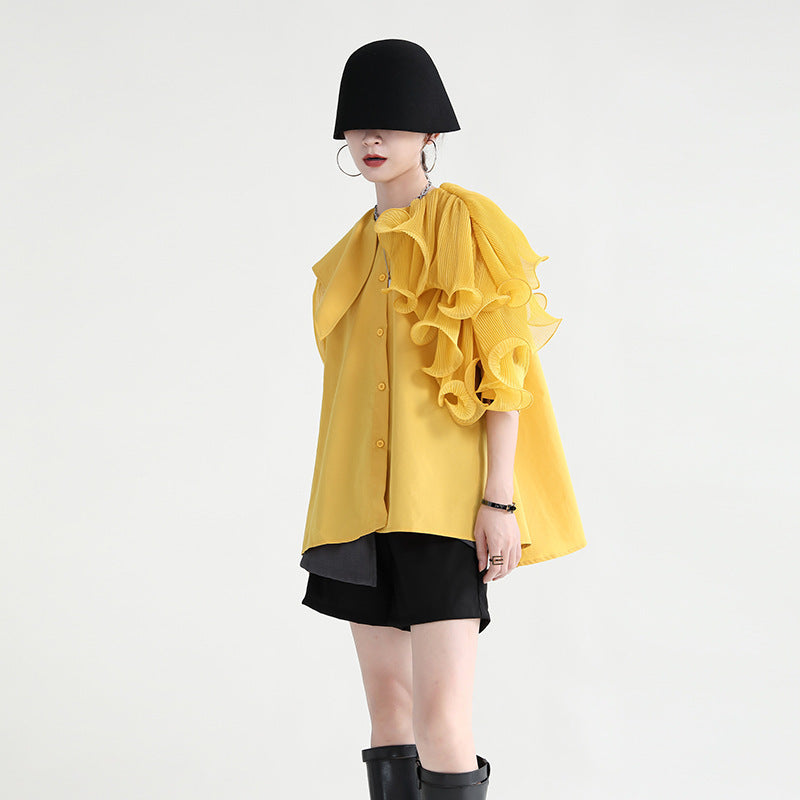 Ruffled Irregular Stitching Loose Short-sleeved Shirt