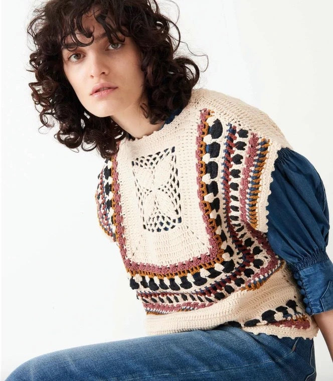 Heavy Industry Crochet Knitted Pullover Vest Fancy Yarn Cotton