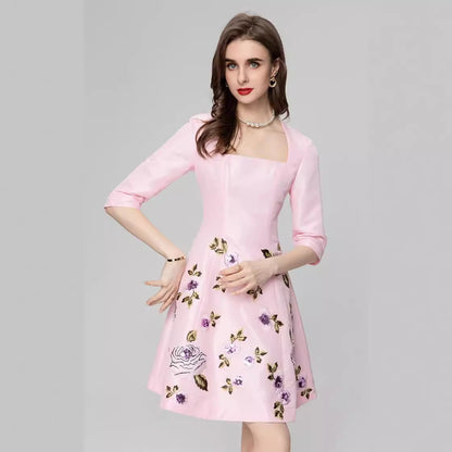 Exquisite Embroidered Flowers Half Sleeve Skirt Dress