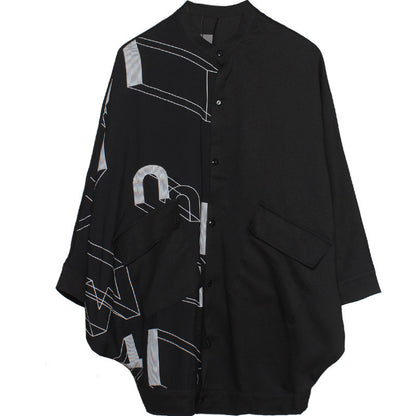 Geometric Pattern Printing Lazy Loose Standing Tailoring Bat Sleeve Shirt