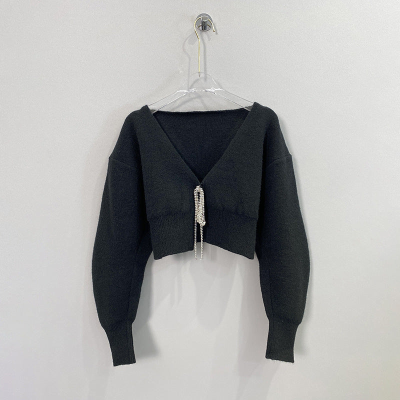 Pull à manches longues et col en V Manteau court pour femme