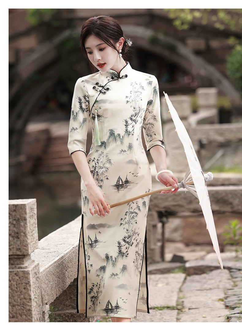 Women's Graceful And Fashionable Half Sleeve Ink Painting Dress