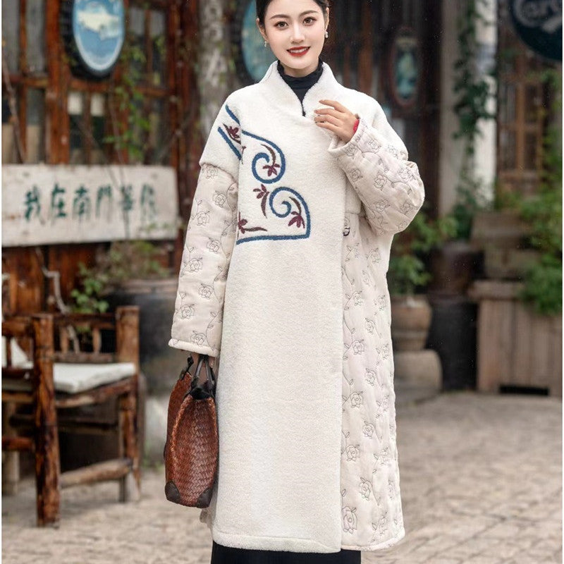 Chinese Style Embroidery Long Thickened Stitching Woman Cotton Dress Coat