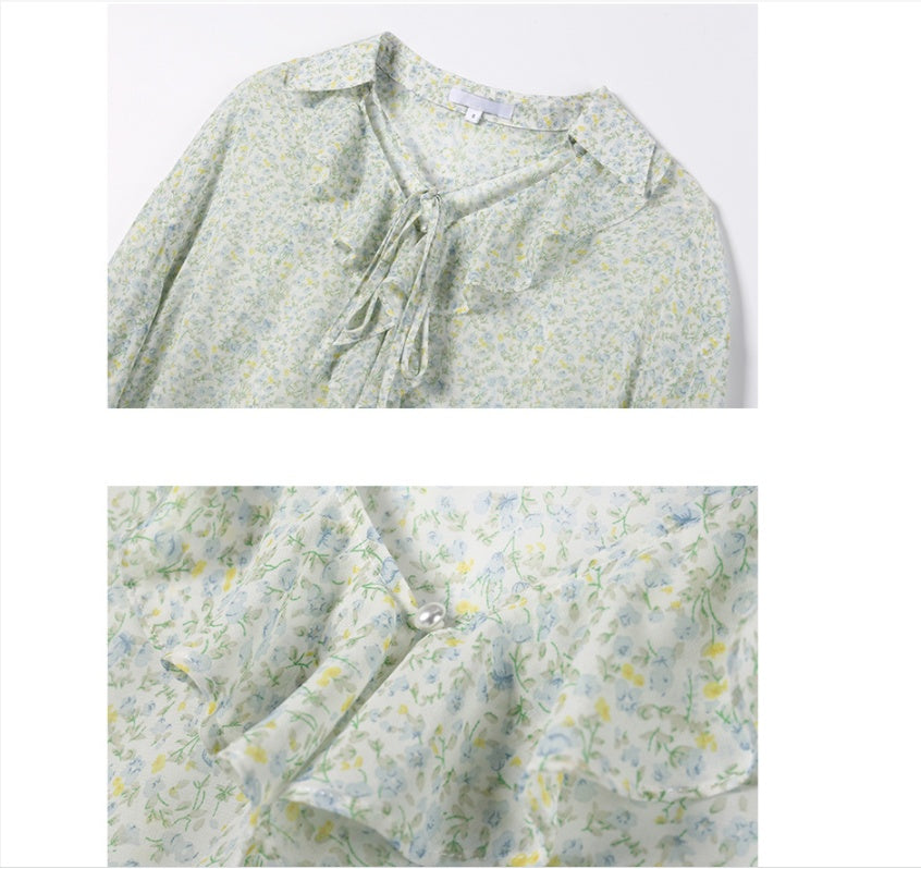 Women's Lapel Streamer French Floral Shirt