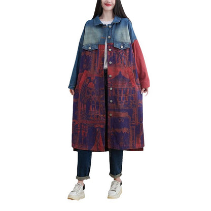 Trench-Coat en Denim Épissé de Grande Taille