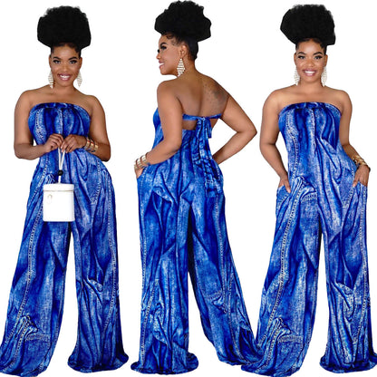 Women's Tube Top Halter Printed Jumpsuit Wide-leg Pants Plus Size Women's Clothing