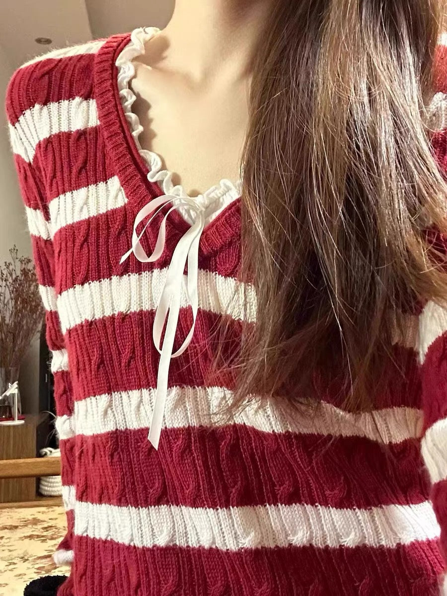 Loose V-neck Red And White Striped Cable-knit Sweater Coat