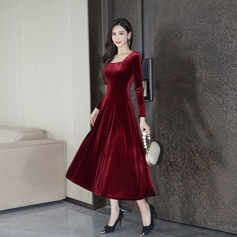 Women's Elegant Temperament Square Collar High-end Velvet Slim Fit Long Sleeve Dress