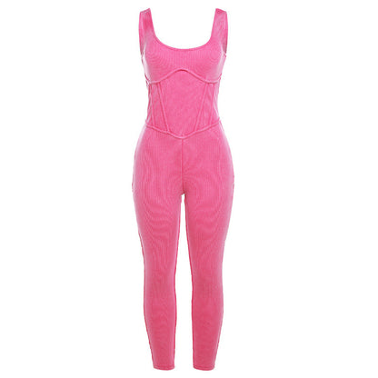 European And American Style New High Waist Tight Thread Sleeveless Casual Sports Jumpsuit