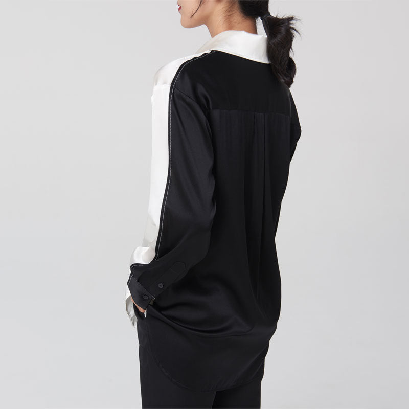 Silk Long Sleeve Shirt Women's Patchwork