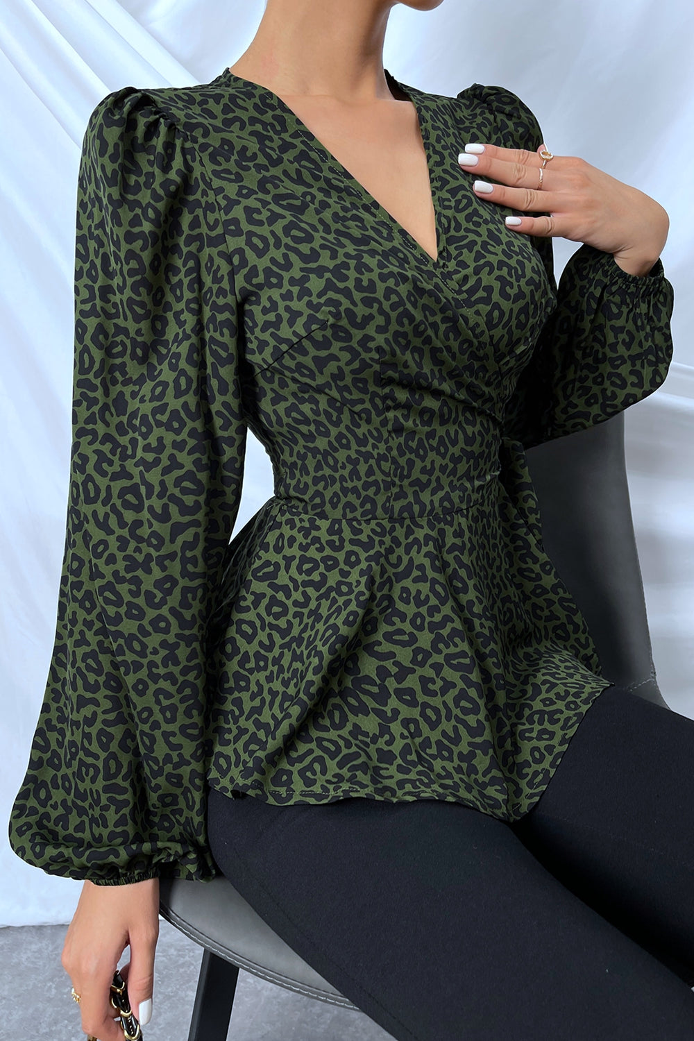 Surplice Neck Leopard Print Side Tie Blouse