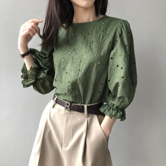 Korean Style Sweet Round Neck Puff Sleeve Shirt Top