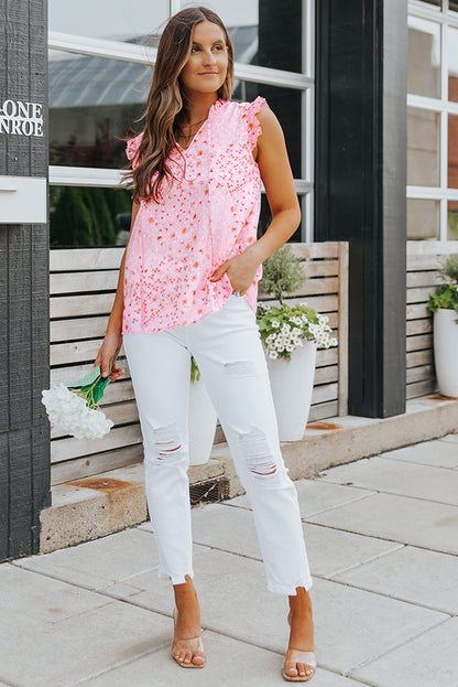 Floral Tie Neck Ruffled Sleeveless Top