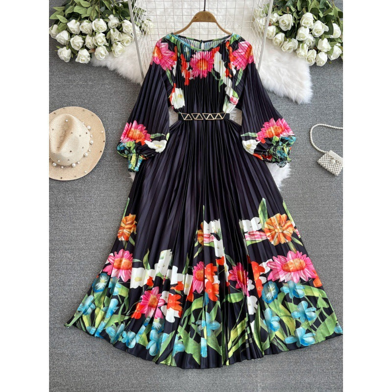 Printed Waist-controlled Lace-up Lady Dress