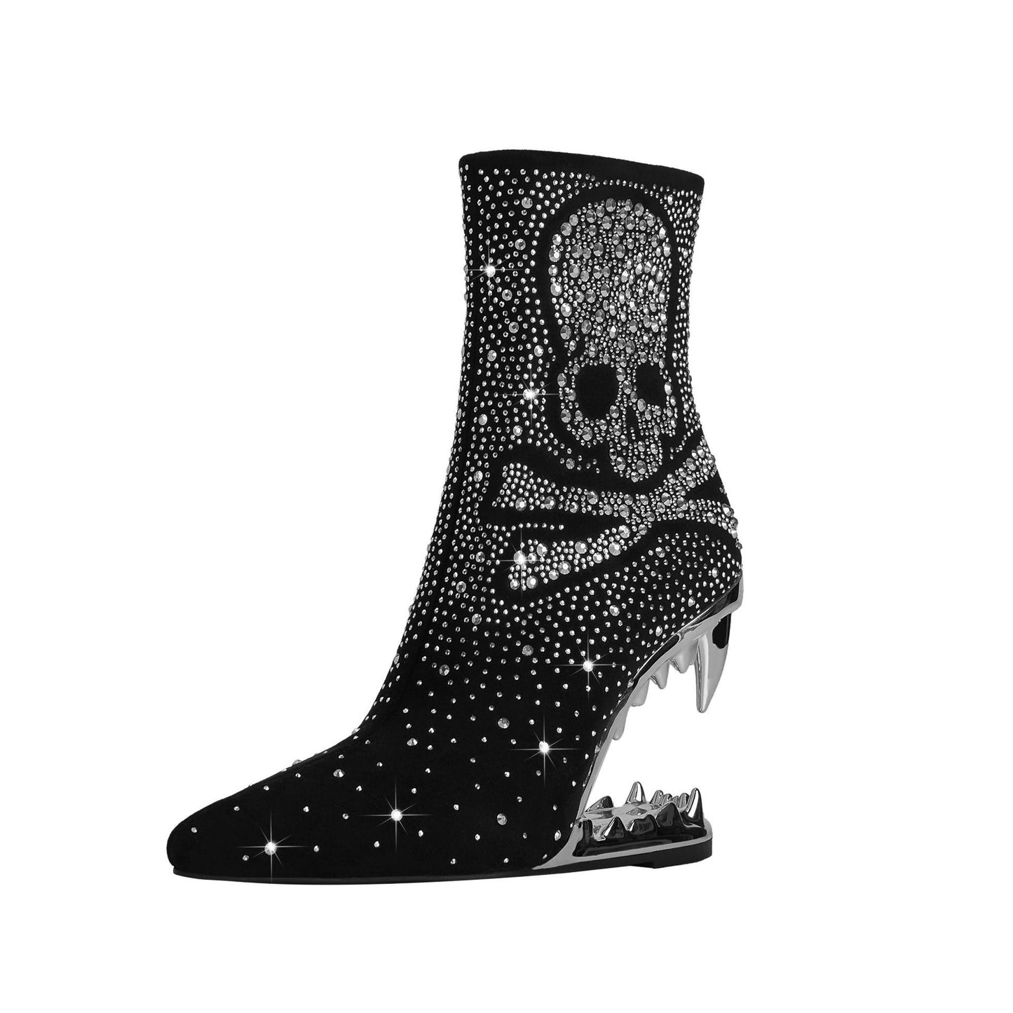 Botines con punta puntiaguda, diamantes de imitación, tacón perfilado con forma de diente de tigre y calavera