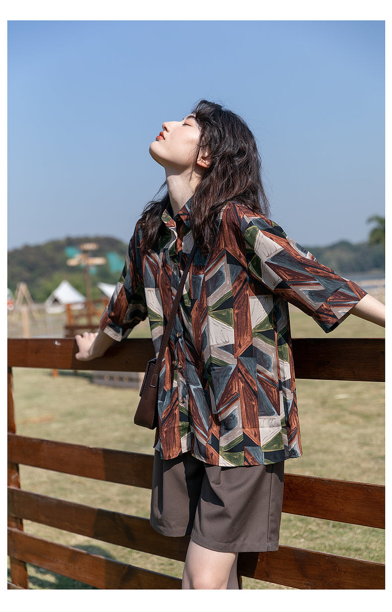 Spring And Autumn Loose Top Retro Hong Kong Style Long Sleeve Flower Shirt