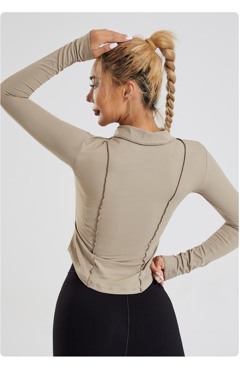 Veste zippée à manches longues pour femmes, vêtements de yoga à revers