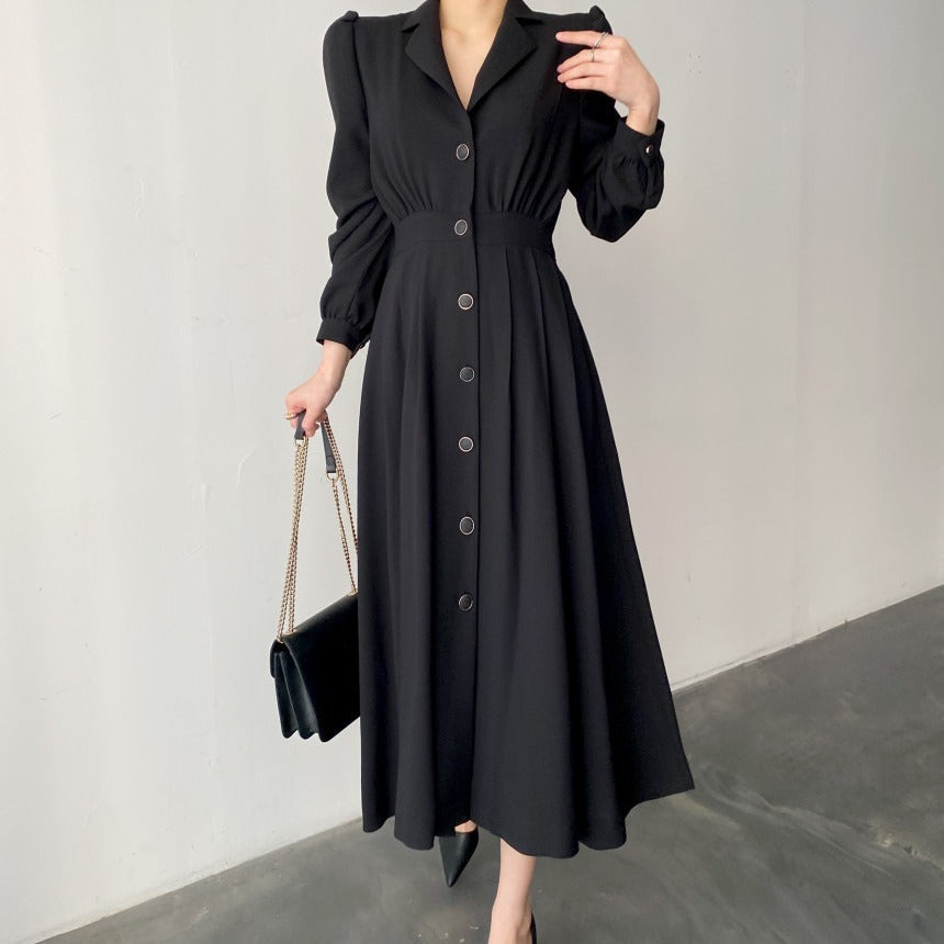 Women's Solid Color Shirt-style Long Dress