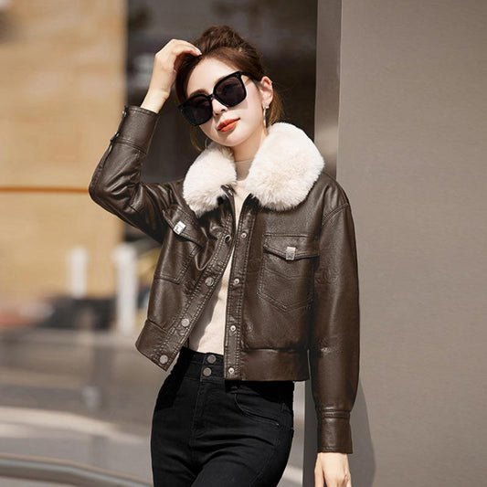 Women's Fleece-lined Coat Thickened Biker's Leather Jacket