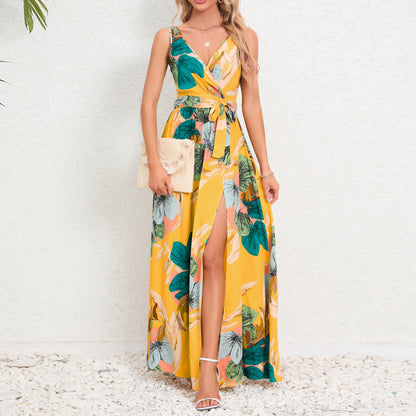 Double V-neck Sleeveless Slit Printed Long Sling Dress