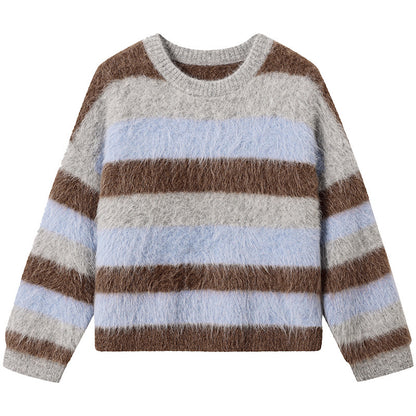 Retro High Street Color Striped Lazy Leisure Pullover Sweater