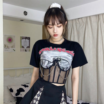 Metal Chain Mesh Print Fake Two Piece Punk Crop Top