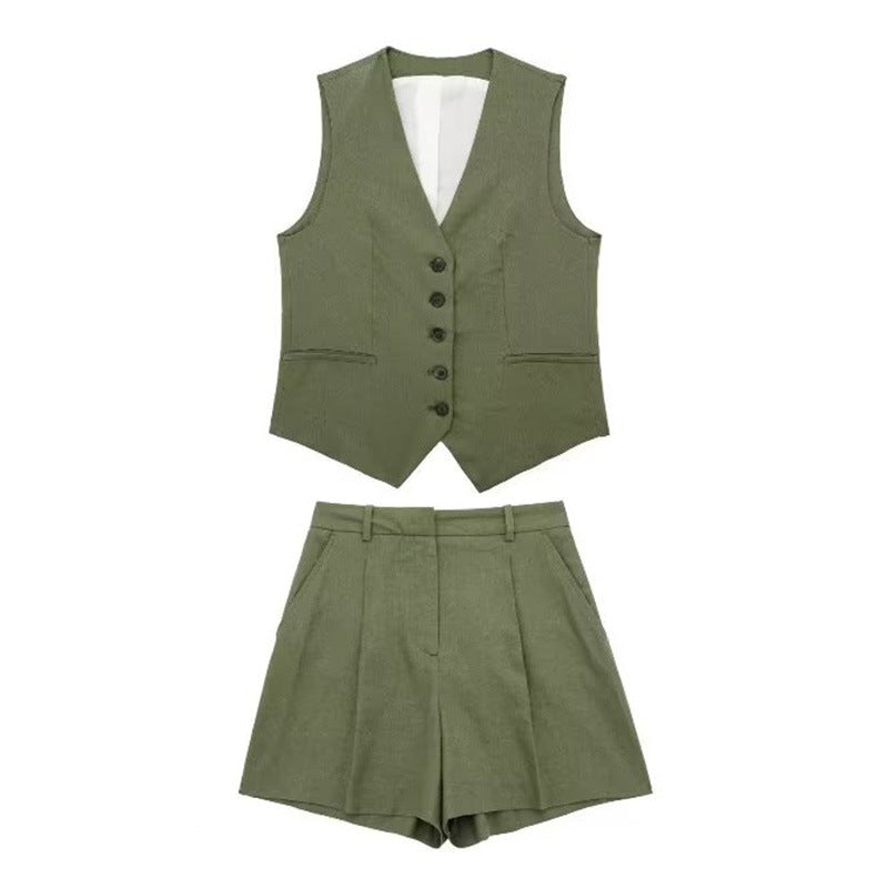 Costume gilet à simple boutonnage et col en V, taille haute, jambes larges