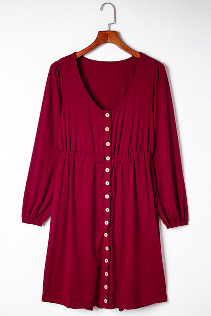 Fiery Red Button Up High Waist Long Sleeve Dress