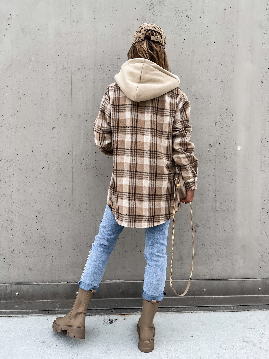 Chaqueta de lana para mujer Ins, abrigo con capucha a cuadros a la moda de invierno con gorra desmontable y bolsillos, camisa de diseño, prendas de vestir exteriores