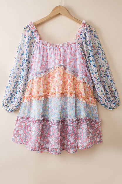 Sky Blue Floral Colorblock Tiered Puff Sleeve Dress