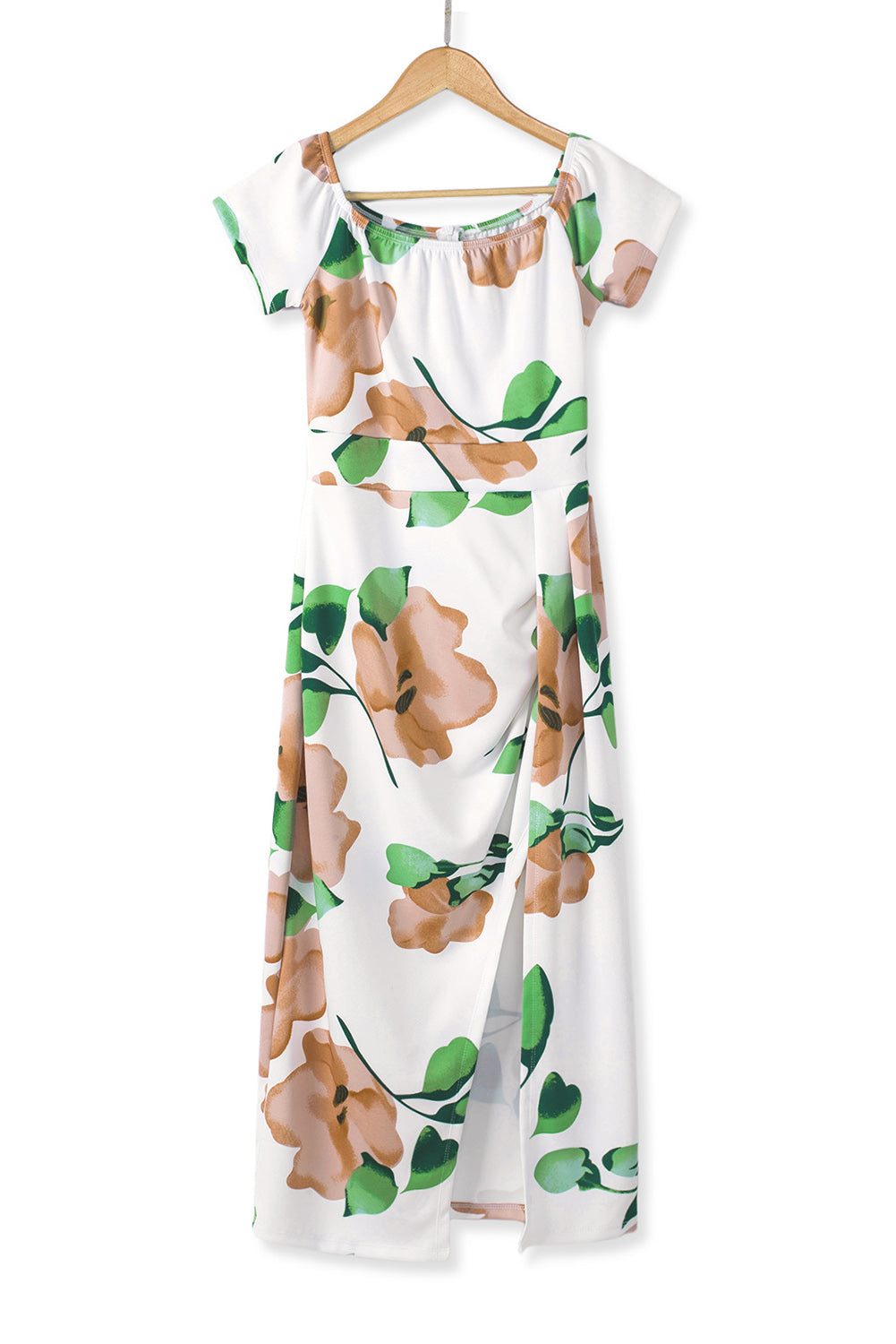 Vestido midi ajustado con hombros descubiertos y estampado floral verde