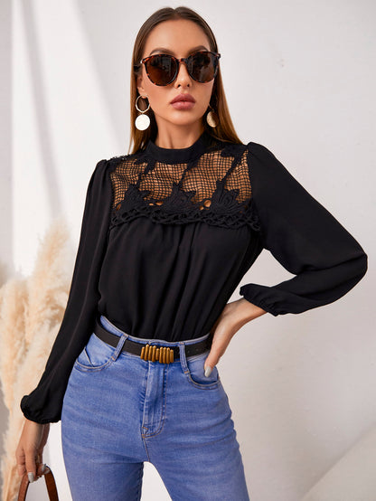 Openwork Round Neck Puff Sleeve Blouse