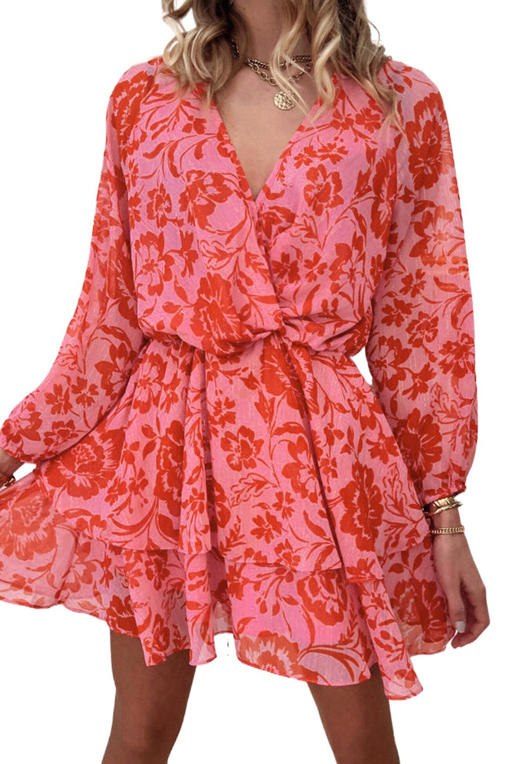 Robe surplis à manches bouffantes superposées à volants floraux rouge ardent