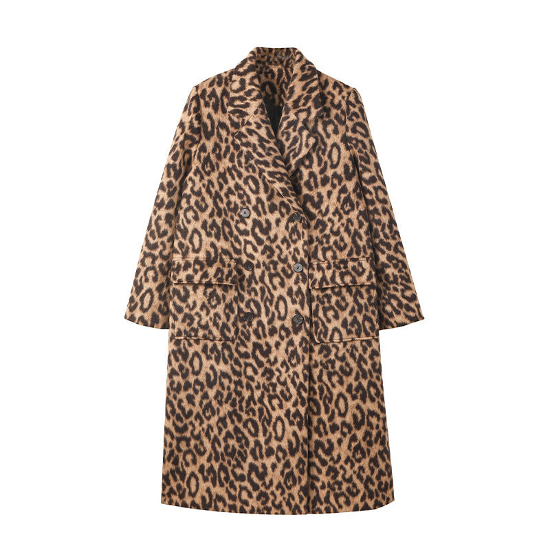 Abrigo largo de lana con estampado de leopardo para mujer en invierno